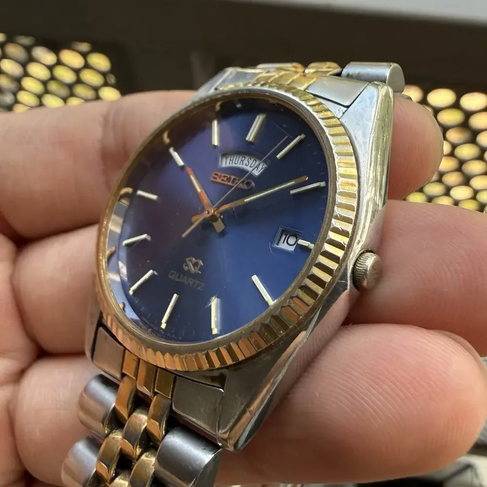 Vintage Seiko SQ President Fluted Bezel Watch 36mm Blue Dial Two Tone Daydate